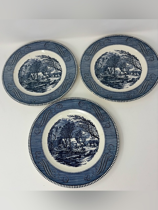 Currier & Ives Other - Currier & Ives Royal Blue 10" Dinner Plates Set of 3 Vintage Old Grist Mill USA